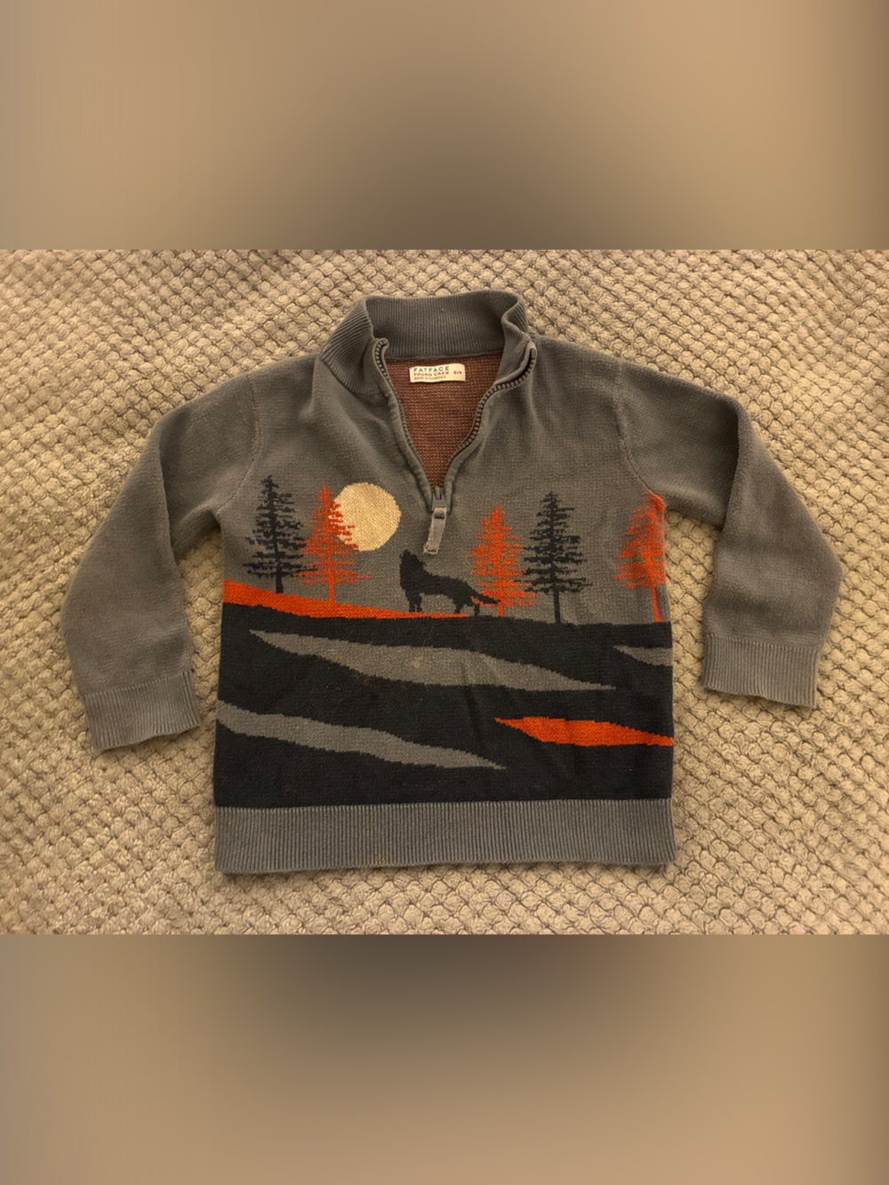 Fat Face Size 3-4 Half-Zip Gray Toddler Boys Sweater with Woods/Wolf Scene